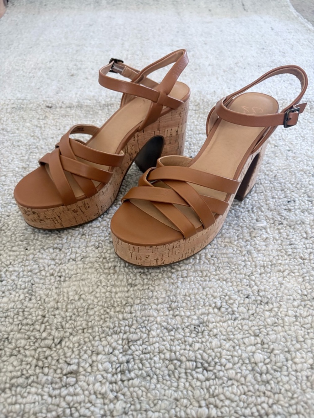 Crown Vintage Tan Strappy Cork Platform Heels